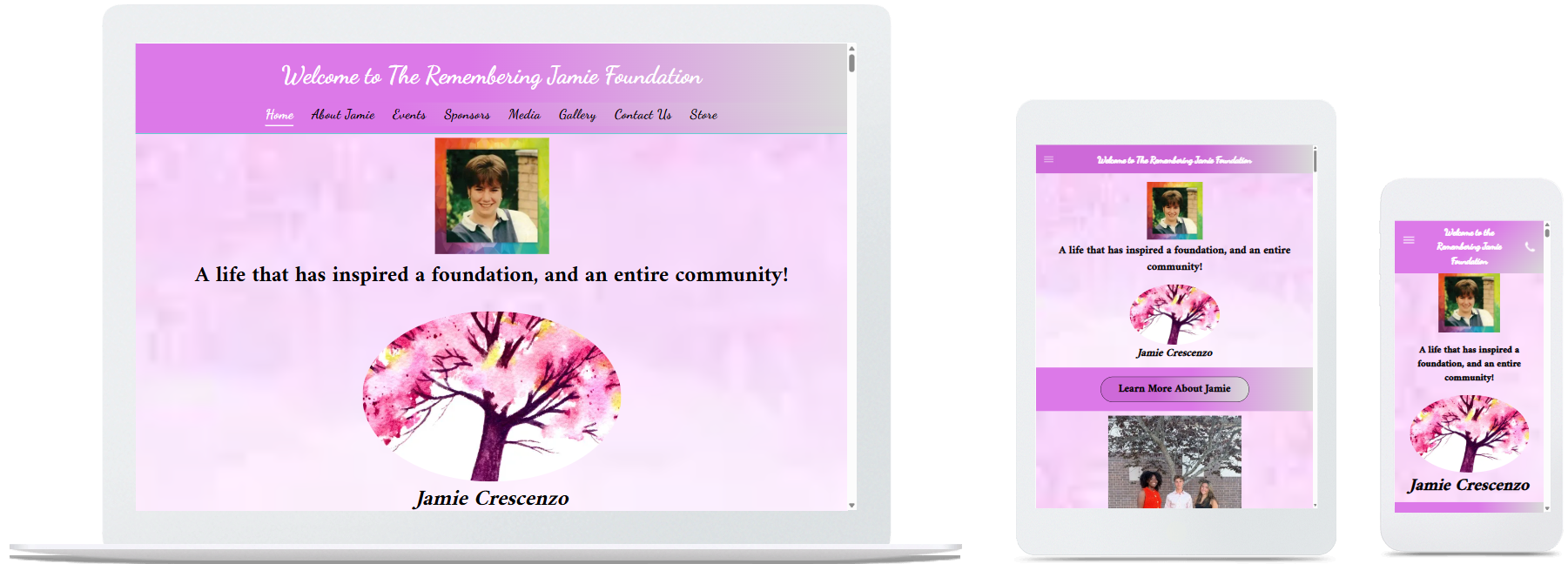 remembering jamie foundation website displayed on a desktop, tablet and a cell phone view
