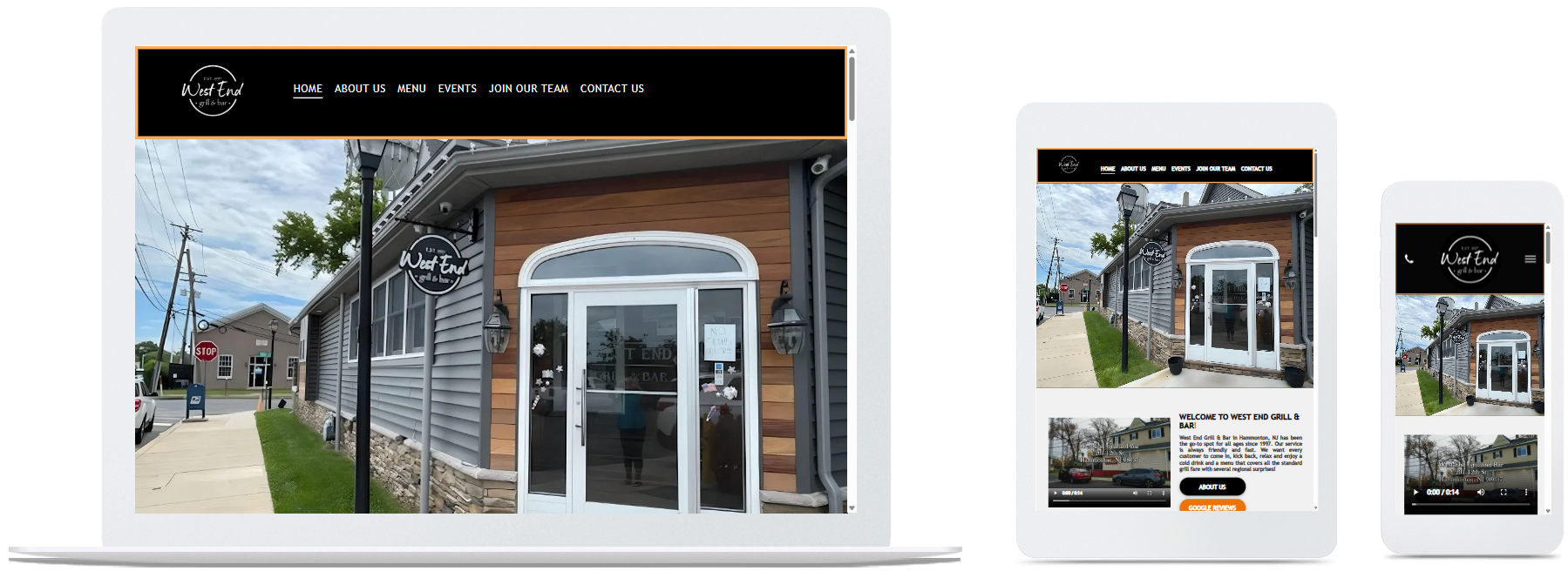 west end grill & bar website displayed on a desktop, tablet and a cell phone view