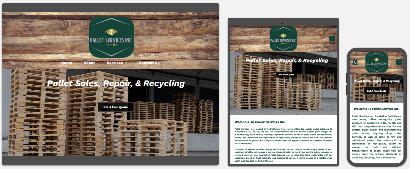 pallet services inc. website displayed on a desktop, tablet and a cell phone view