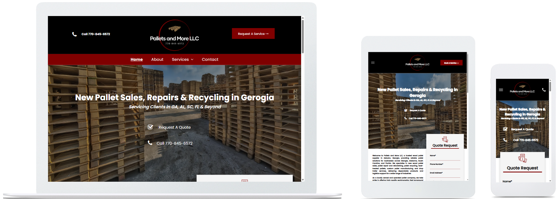 pallets and more llc website displayed on a desktop, tablet and a cell phone view