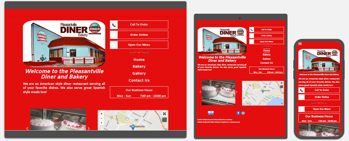 pleasantville diner & bakery website displayed on a desktop, tablet and a cell phone view