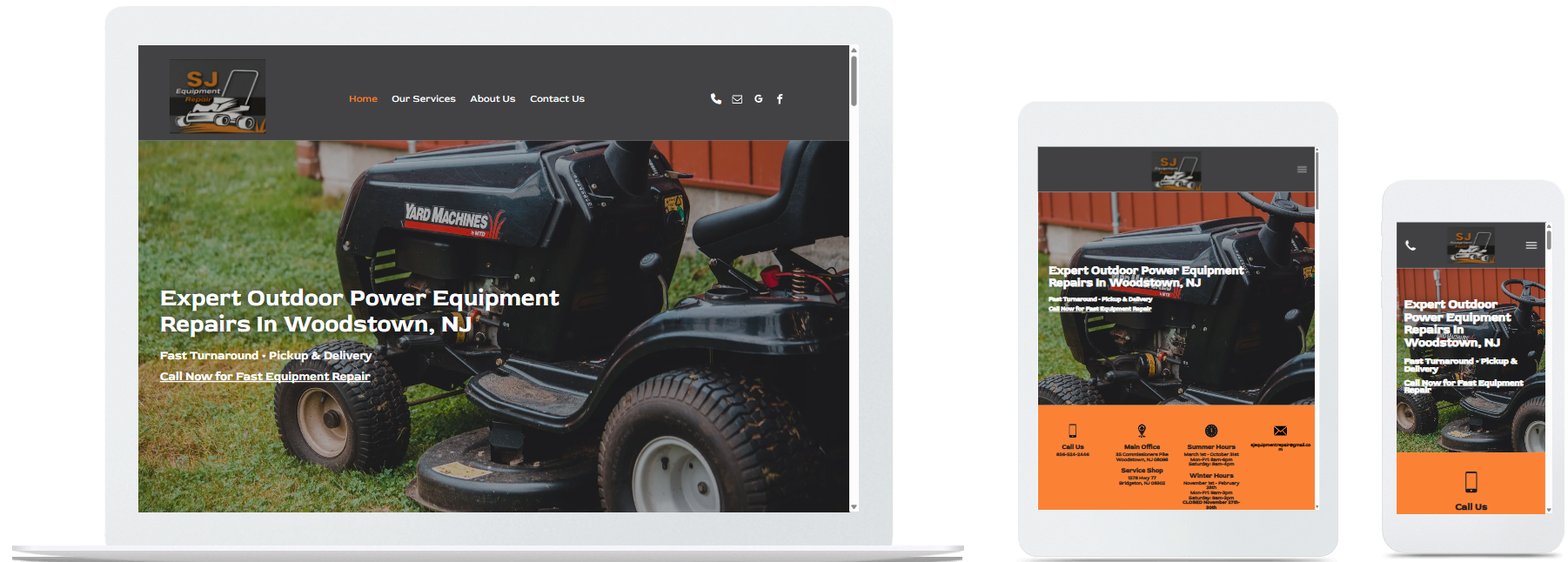 SJ Equipment Repair website displayed on a desktop, tablet and a cell phone view
