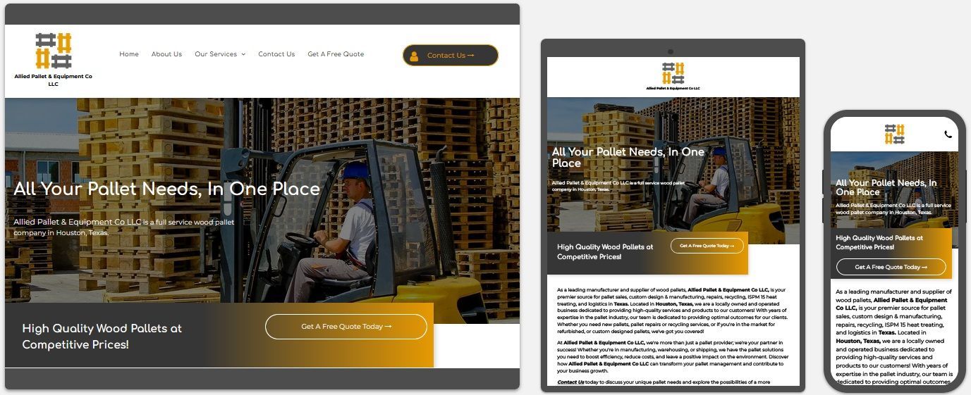 allied pallet & equipment co. llc website displayed on a desktop, tablet and a cell phone view