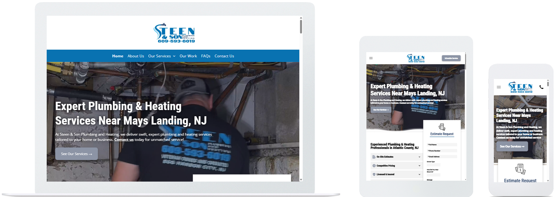 Steen & Son Plumbing and Heating website displayed on desktop, tablet, and mobile devices in Mays Landing, NJ