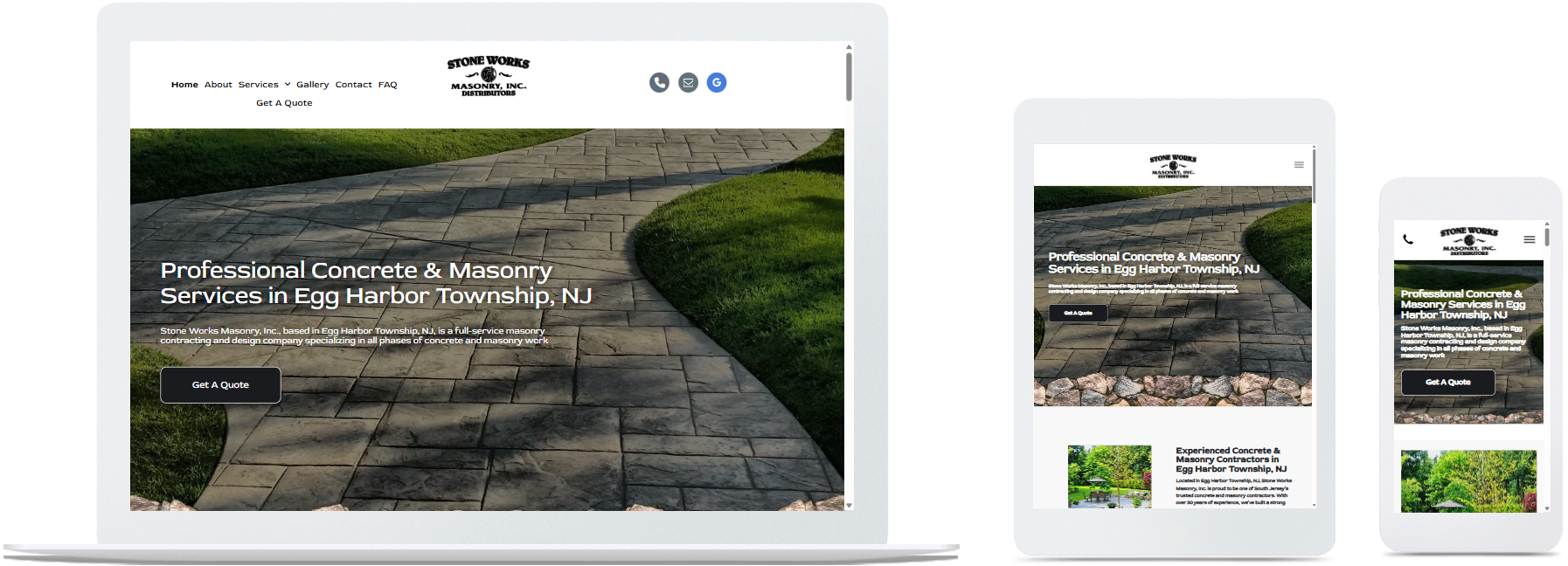 Stone Works Masonry website displayed on a desktop, tablet and a cell phone