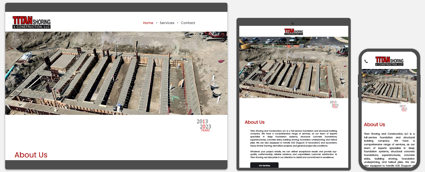 titan shoring & construction llc website displayed on a desktop, tablet and a cell phone view