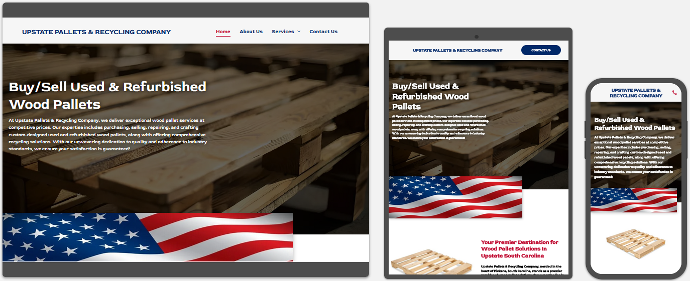 upstate pallets & recycling company website displayed on a desktop, tablet and a cell phone view