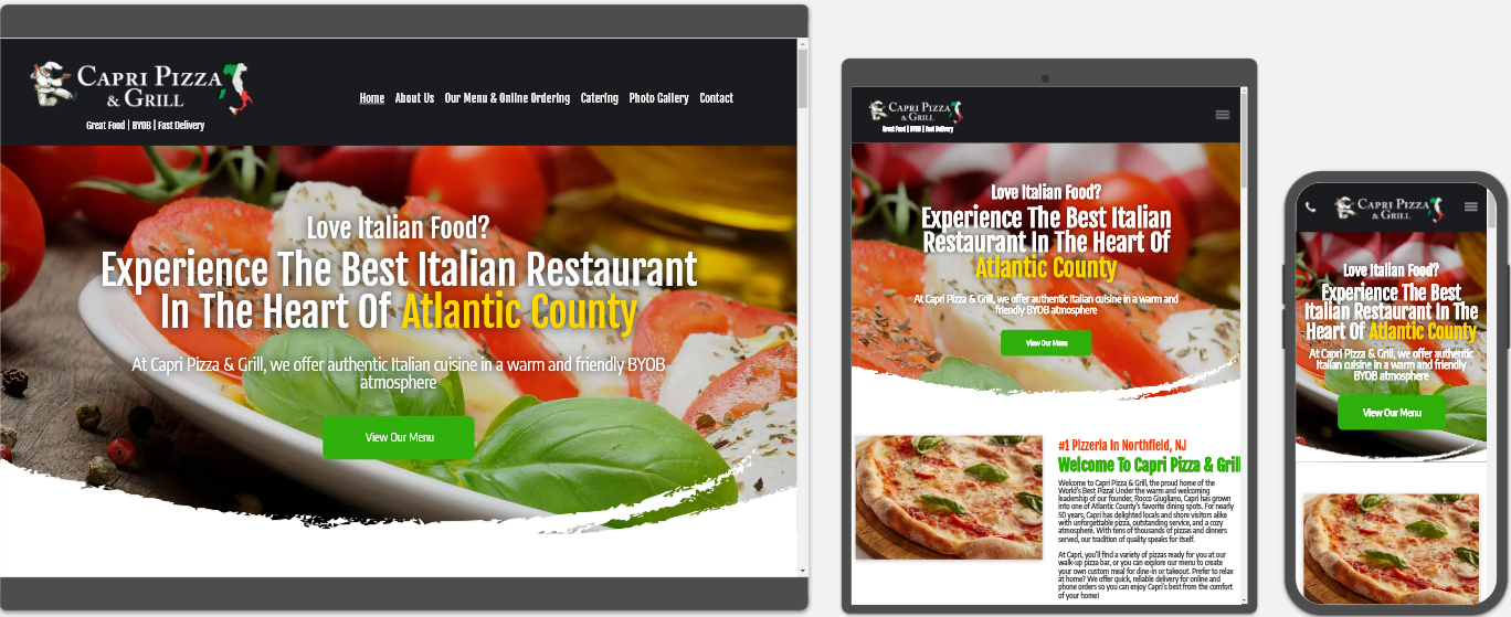 Capri Pizza & Grill website displayed on a desktop, tablet and a cell phone view