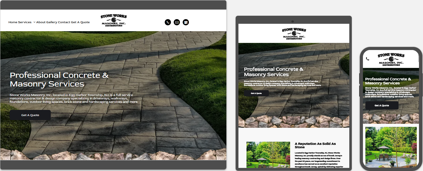 stone works masonry inc. website displayed on a desktop, tablet and a cell phone view
