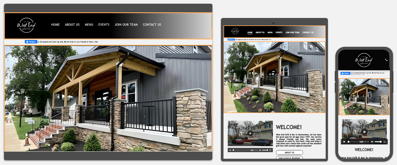 west end grill & bar website displayed on a desktop, tablet and a cell phone view