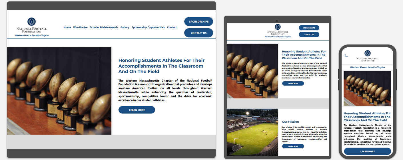 western Massachusetts chapter national football foundation website displayed on a desktop, tablet and a cell phone view