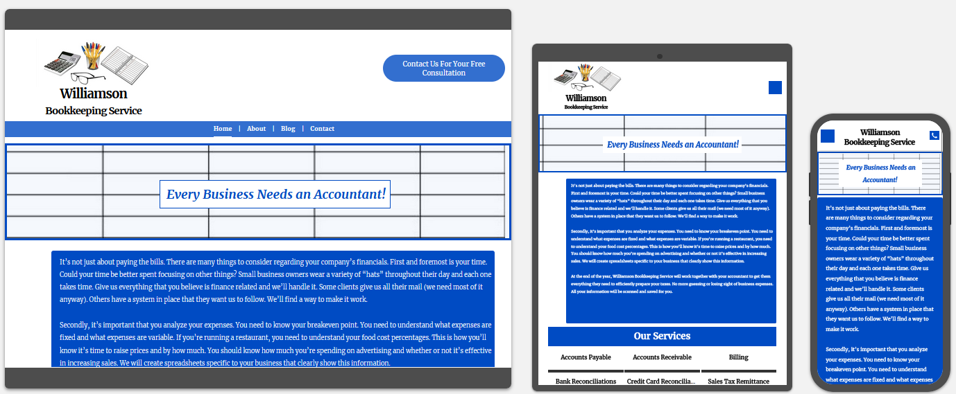 williamson bookkeeping website displayed on a desktop, tablet and a cell phone view