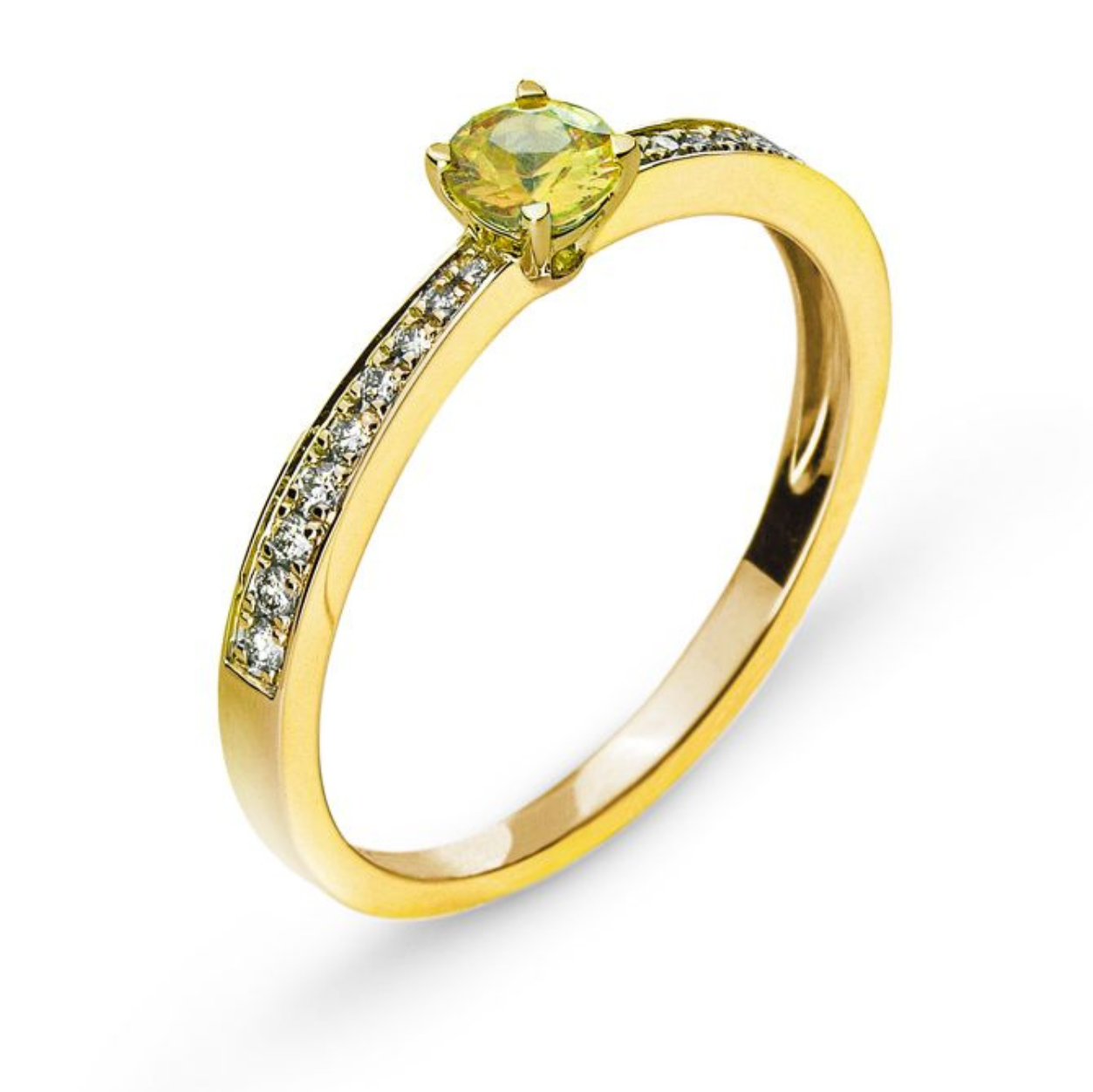 Bague en or jaune ornée d'une pierre précieuse jaune et de petits diamants sur l'anneau