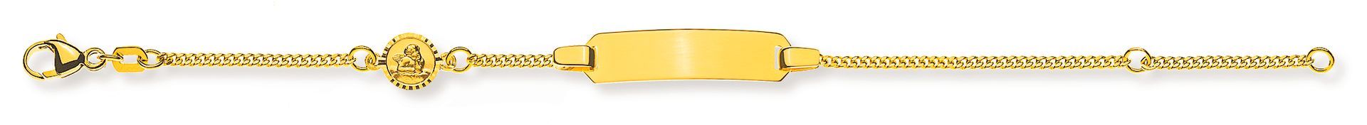 Bracelet à maillons décoratif en or avec une plaque centrale plate et un fermoir sur fond blanc