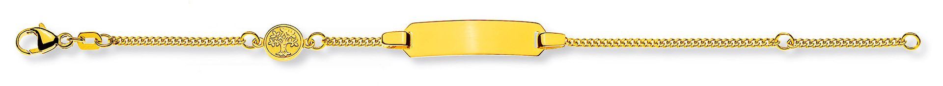 Bracelet en or avec une plaque centrale gravée et des extrémités de chaîne ornées sur fond blanc