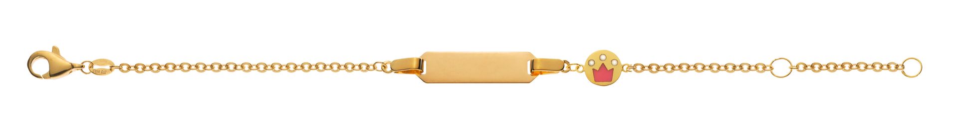 Bracelet en or avec barre centrale rectangulaire et petite pierre précieuse rose sur fond blanc