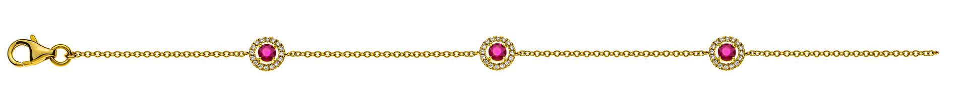 Bracelet en or avec pierres précieuses roses et petit pendentif sur fond blanc