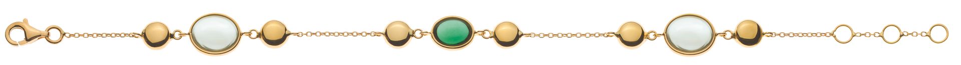 Bracelet délicat en chaîne dorée orné de pierres ovales blanches et vertes et de petits accents ronds.