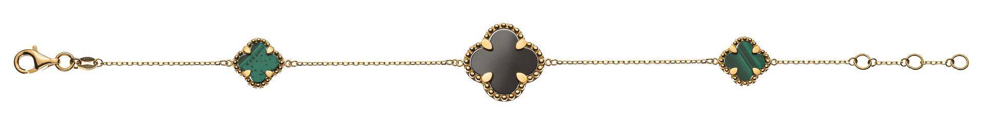 Bracelet en or orné de breloques en pierres précieuses vertes et noires et d'un pendentif rond central