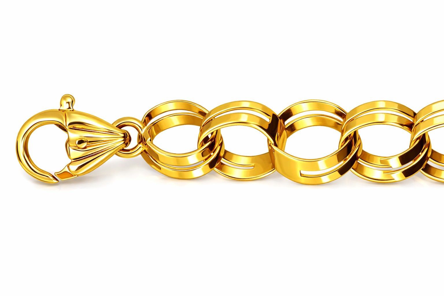 Bracelet en or à maillons ovales entrelacés et fermoir mousqueton sur fond blanc