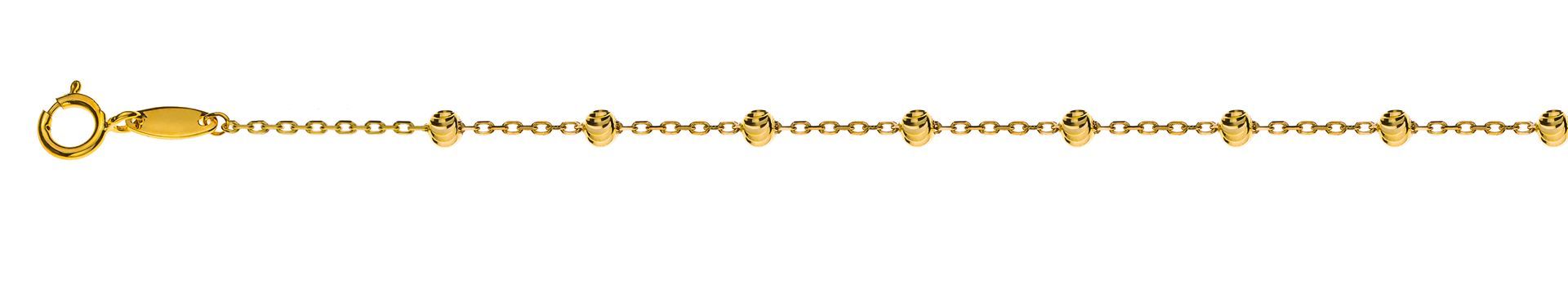 Bracelet en chaîne dorée orné de petites perles rondes sur fond blanc