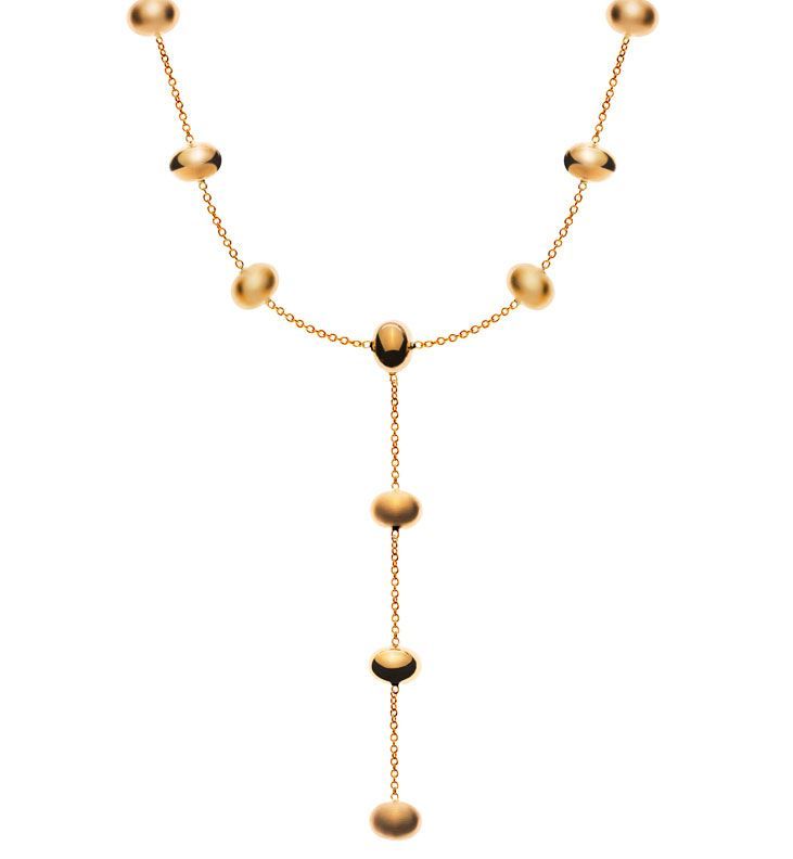 Collier en perles dorées avec un pendentif en forme de Y et une chaînette pendante
