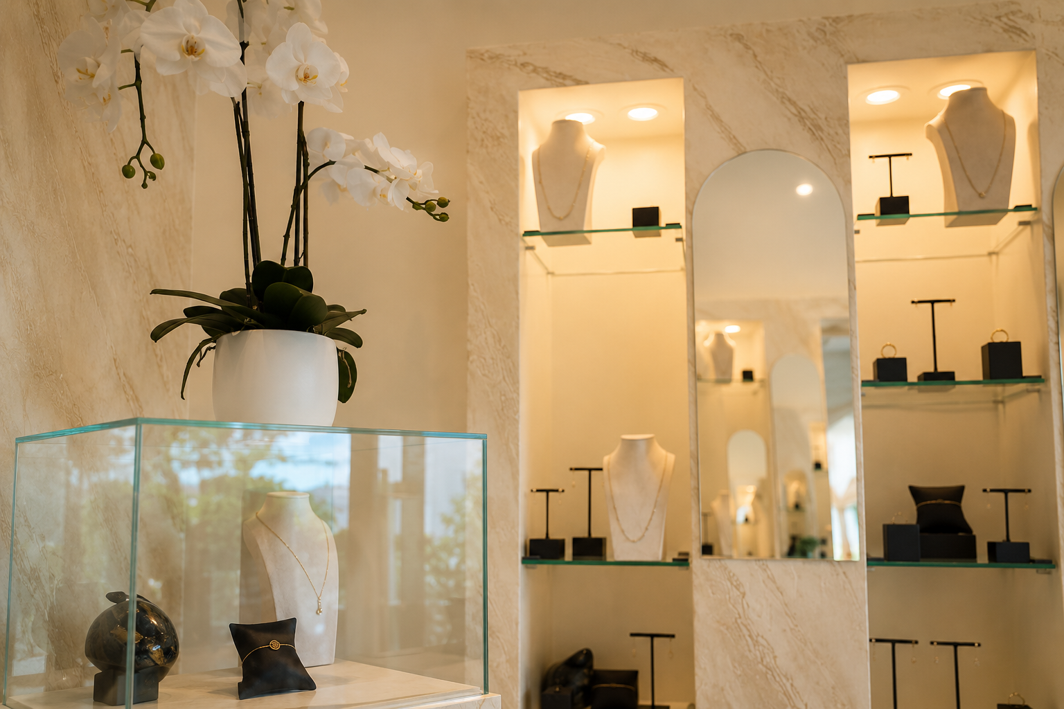 Vitrine de boutique avec orchidées blanches, vitrines et chaussures noires sur des étagères éclairées dans un intérieur couleur crème