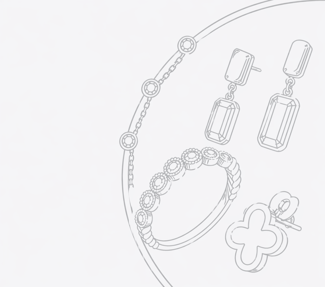 Dessin au trait de bijoux : collier, bracelet, boucles d'oreilles et bague sur fond clair
