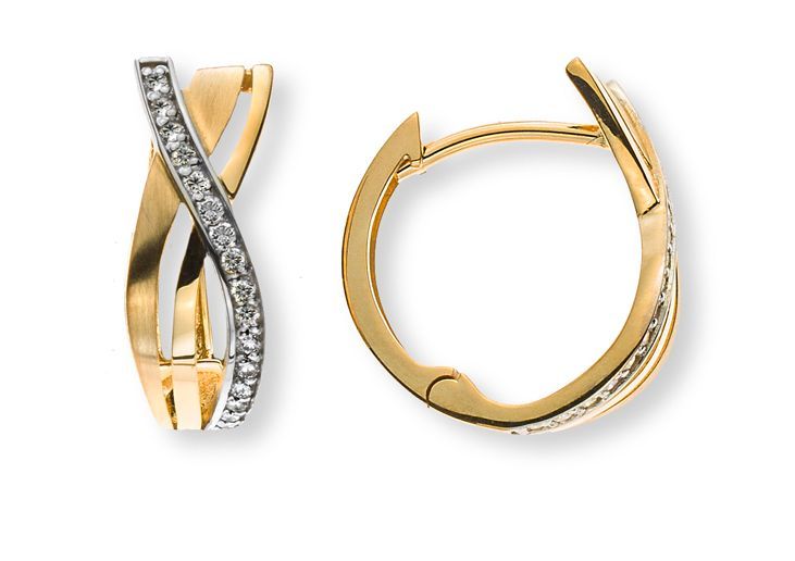 Boucles d'oreilles créoles en or avec un motif incurvé en argent serti de diamants sur le devant, vues de face et de profil