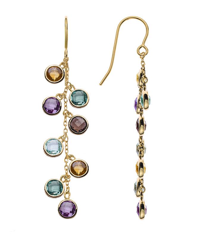 Boucles d'oreilles pendantes en or ornées de pierres précieuses colorées, vues de face et de profil