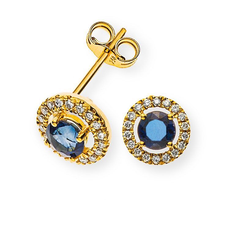 Boucles d'oreilles puces en or ornées de pierres précieuses bleues et de petits cristaux transparents