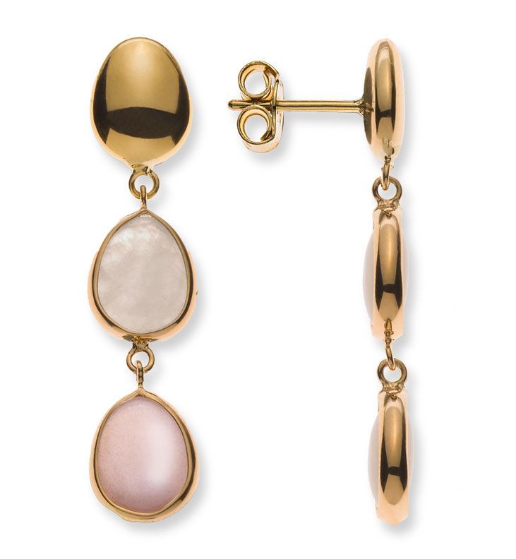 Boucles d'oreilles pendantes en or ornées de pierres ovales blanches et roses