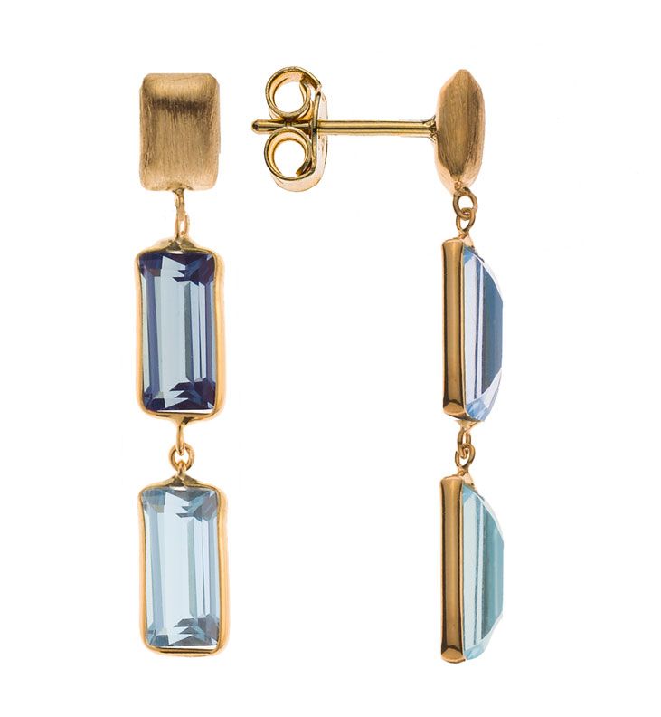 Boucles d'oreilles pendantes en or avec pierres précieuses rectangulaires bleues
