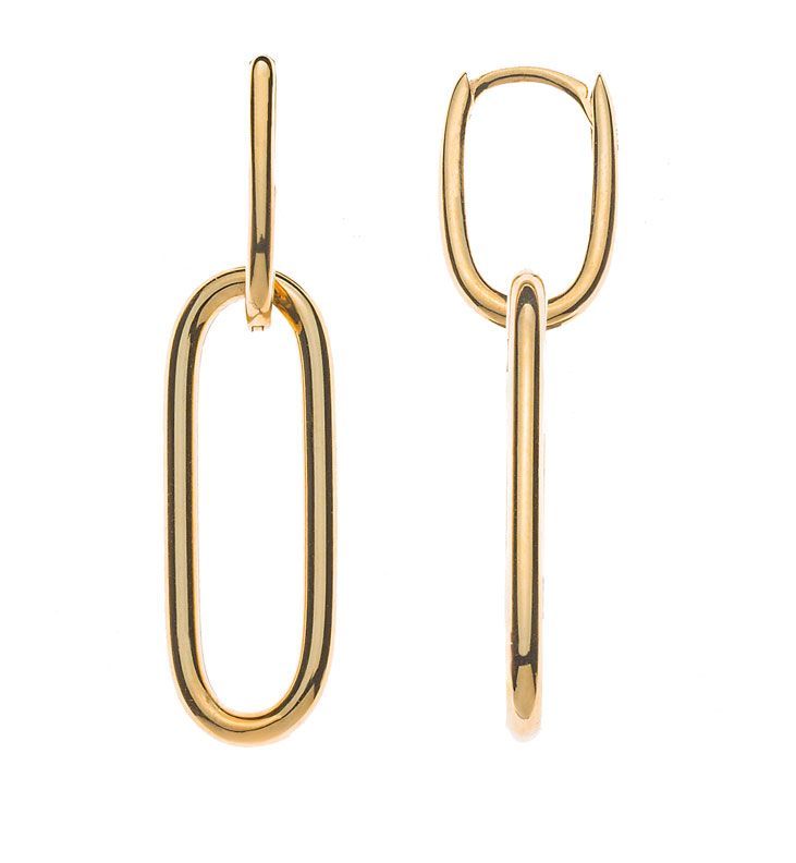 Deux boucles d'oreilles géométriques dorées sur fond blanc, vues de face et de profil.