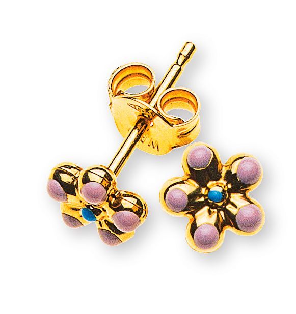 Boucles d'oreilles puces en or avec pierres violettes, présentées en gros plan sur fond blanc