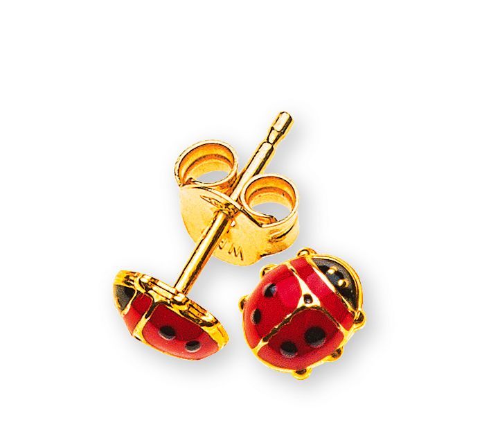Boucles d'oreilles puces coccinelle dorées et rouges sur fond blanc