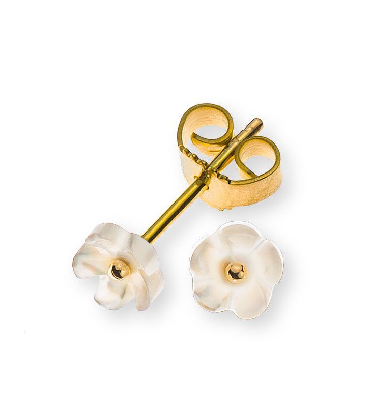Boucles d'oreilles puces en or avec pétales blancs en forme de fleur et fermoirs papillon