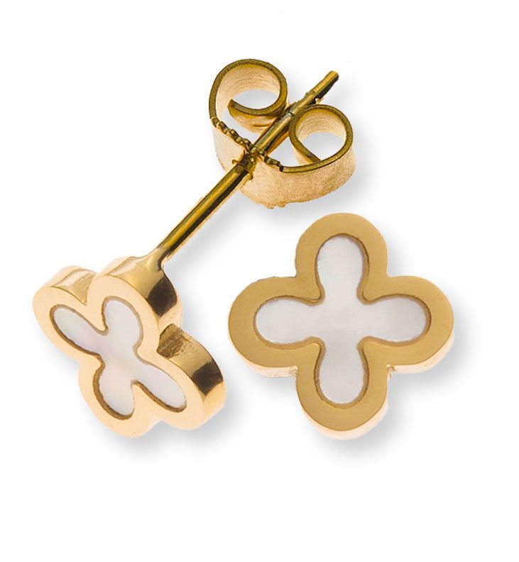 Boucles d'oreilles puces en forme de trèfle doré, vues recto et verso assorties sur fond blanc