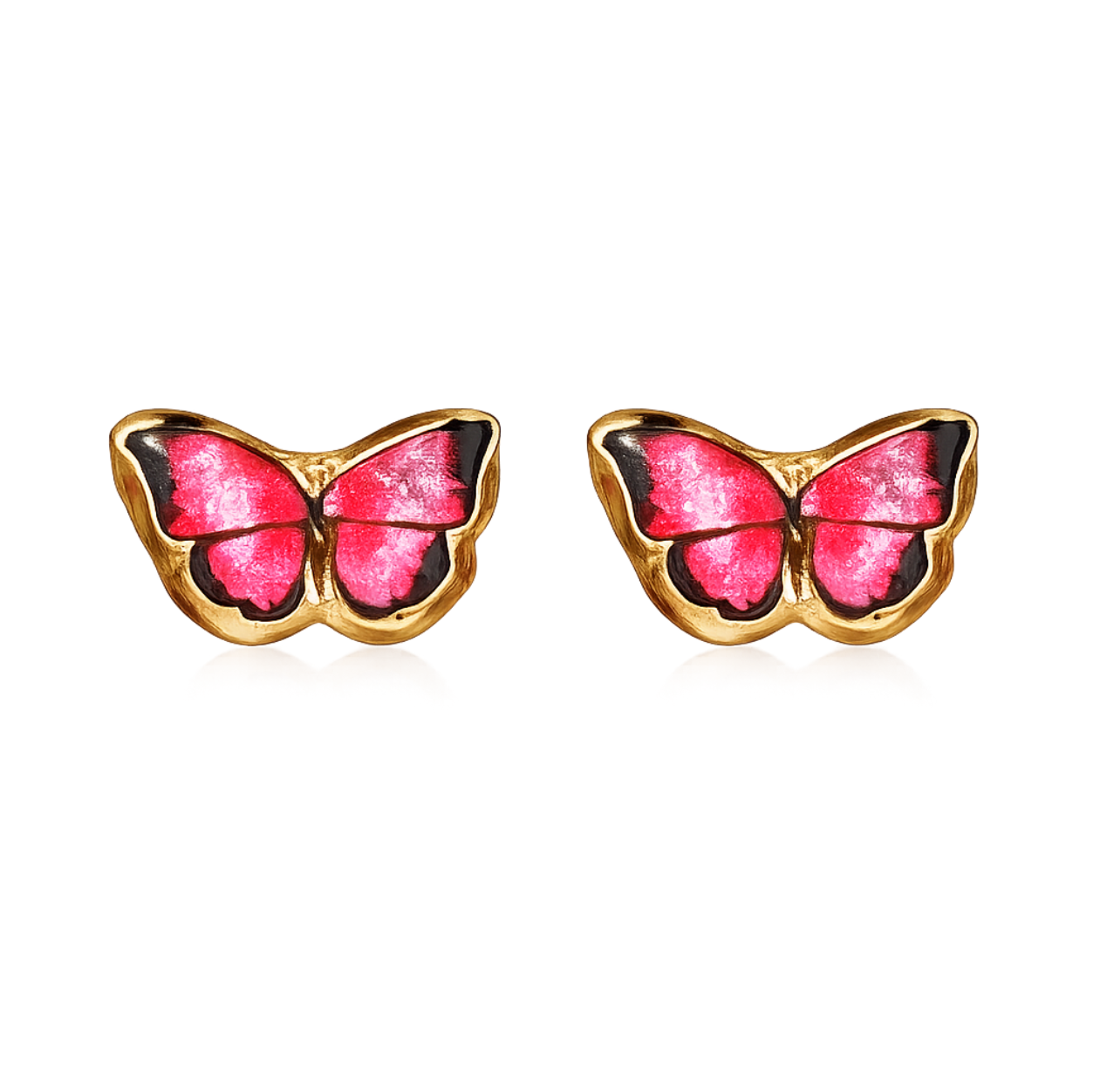 Paire de boucles d'oreilles papillon roses avec bordure dorée sur fond blanc
