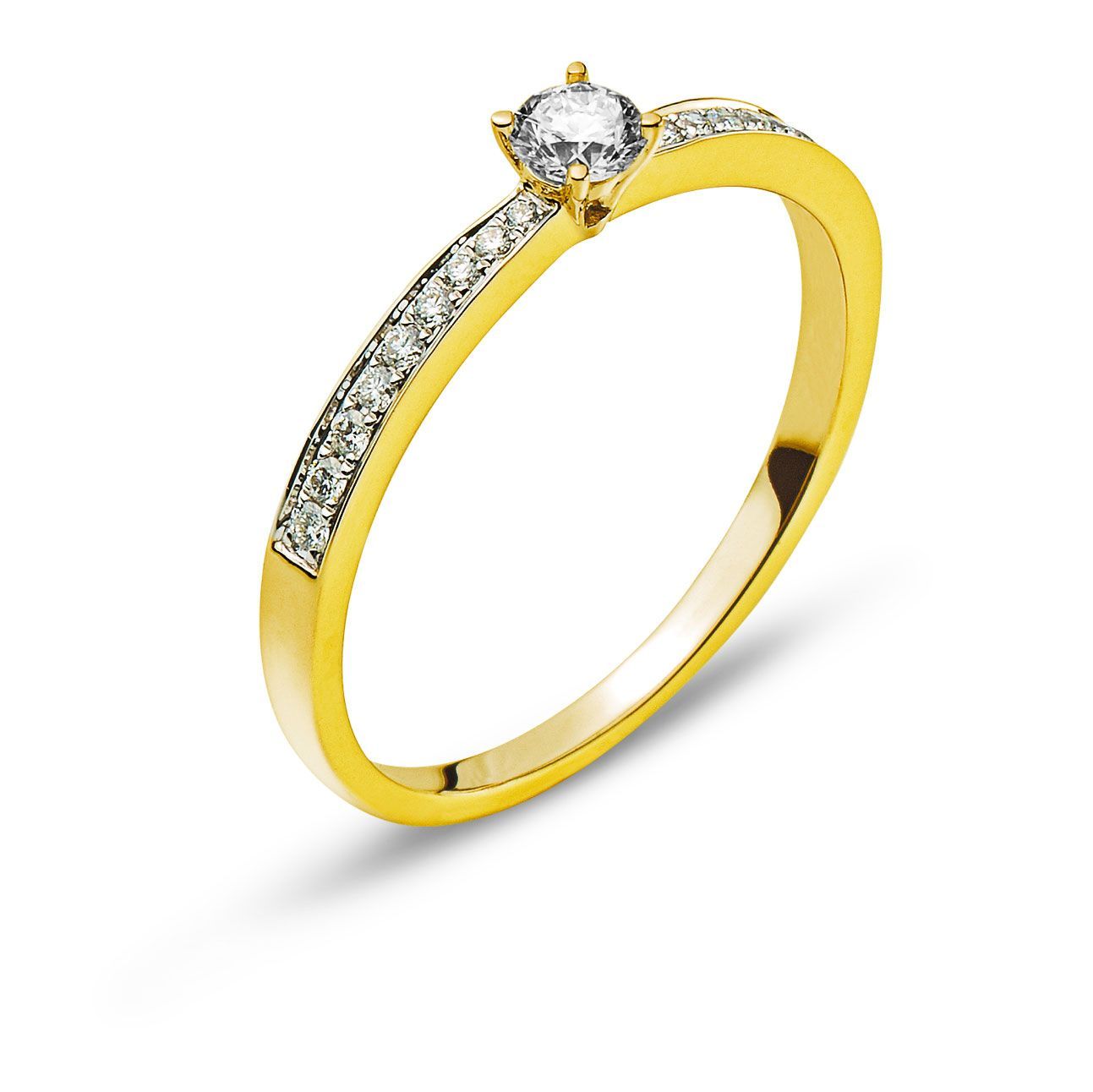 Bague en or jaune ornée d'un diamant solitaire rond et de pierres pavées sur l'anneau