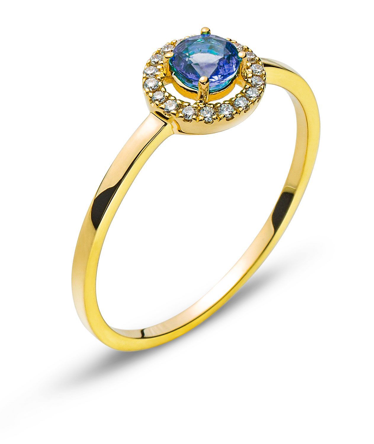 Bague en or jaune sertie d'un halo de pierre précieuse bleue