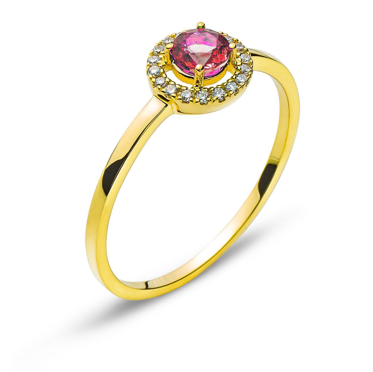 Bague en or avec une pierre précieuse rose au centre et de petites pierres transparentes sur le pourtour.