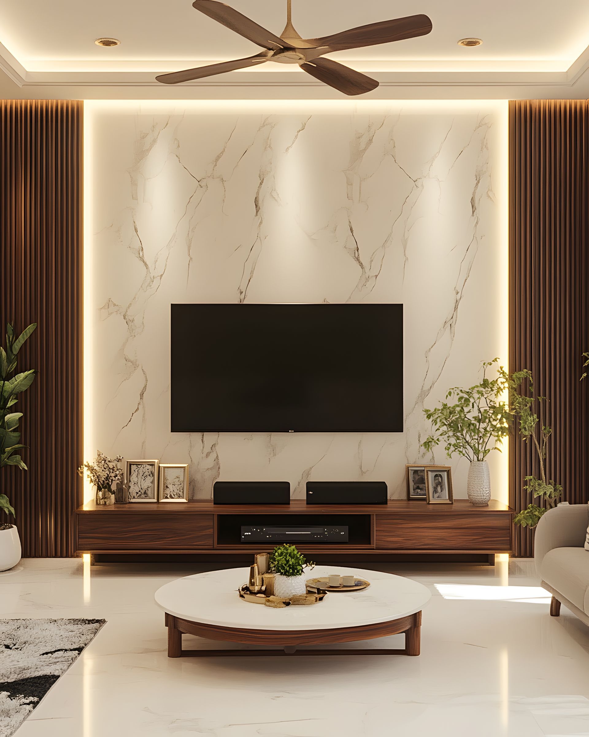 A living room with a flat screen tv and a ceiling fan