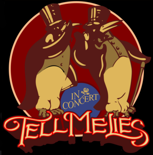 Two penguins in top hats and formal wear, the logo for 