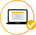 Computadora portátil que muestra una lista de verificación con una marca de verificación, todo dentro de un círculo amarillo.