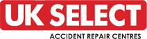 UK Select Accident Repair Centres | A red and white logo for uk select accident repair centres