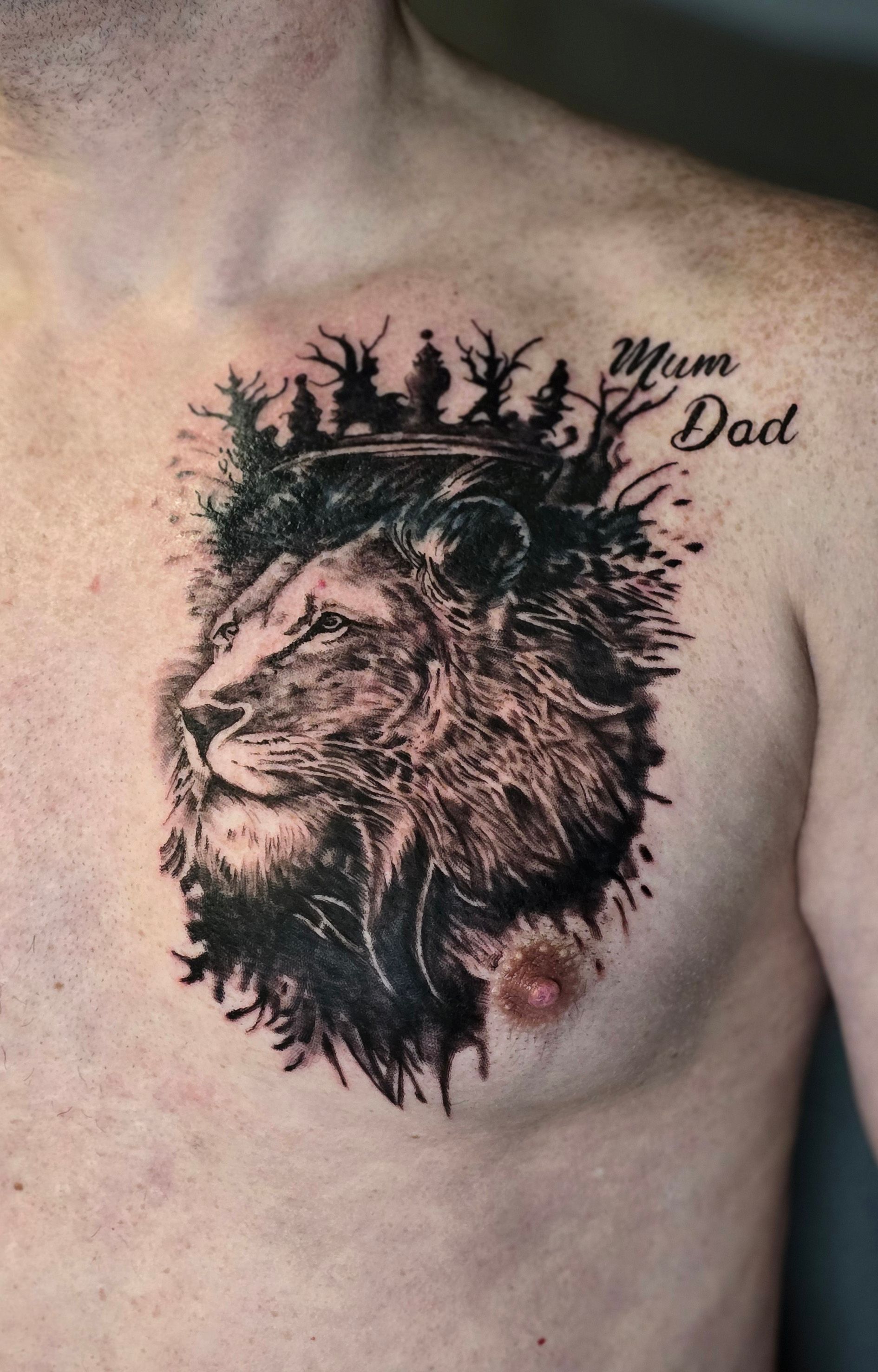 Black & grey lion family cover-up tattoo.
Tattoo by Arek at HD Ink Tattoos , Bathgate, West Lothian.