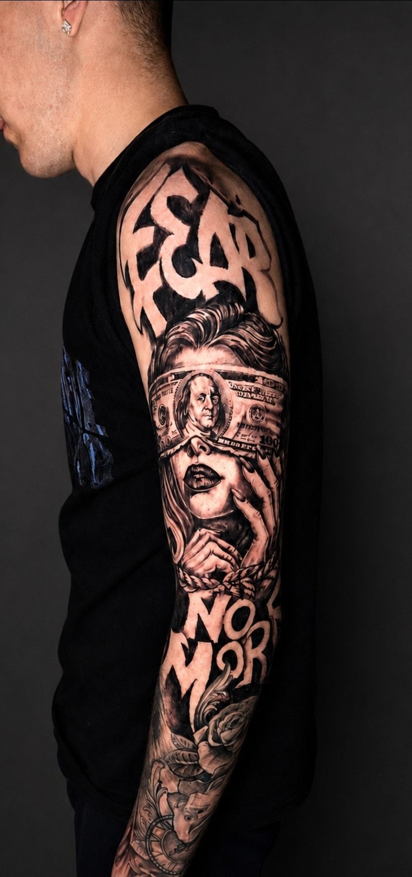 Money &  woman black and grey tattoo.
Tattoo by Arek at HD Ink Tattoos , Bathgate, West Lothian.