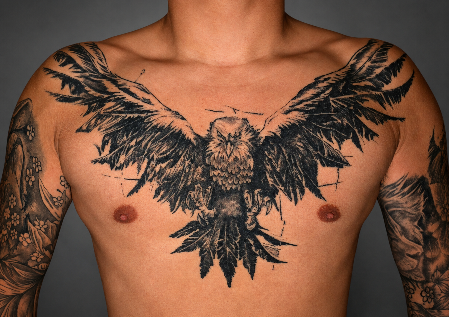 Large eagle chest tattoo.
Powerful black & grey piece with spread wings, strong contrast and bold detail.
Tattoo by Arek at HD Ink Tattoos , Bathgate, West Lothian.
