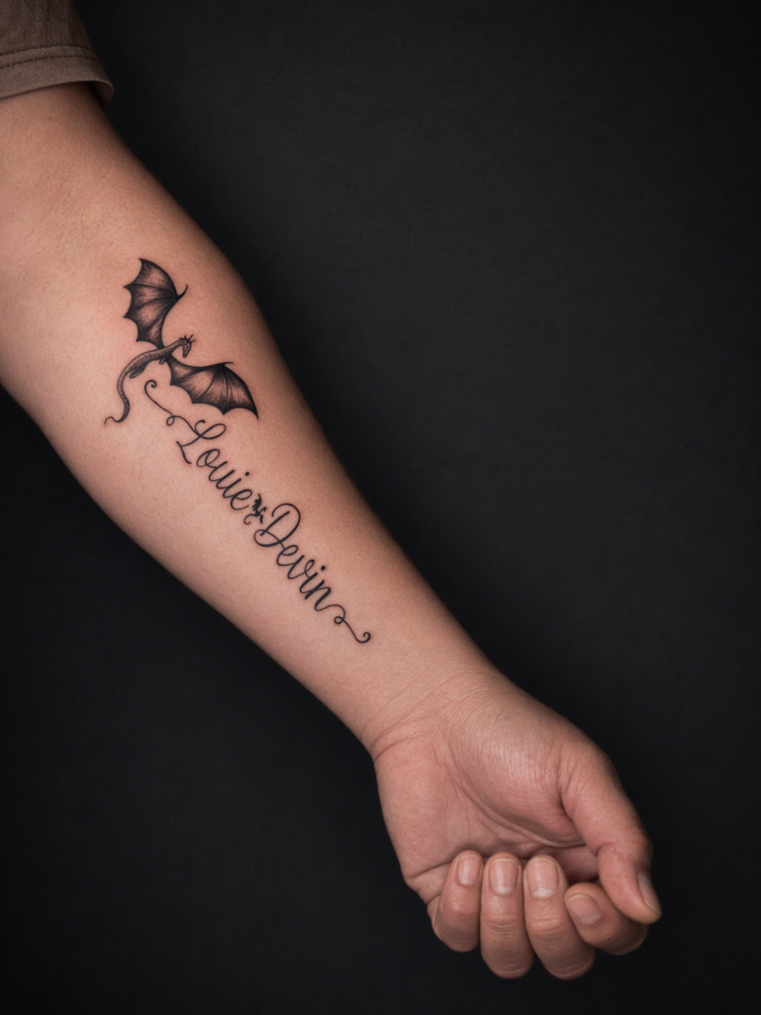Fine Line dragon and lettering tattoo.
Tattoo by Thomas at HD Ink Tattoos , Bathgate, West Lothian.